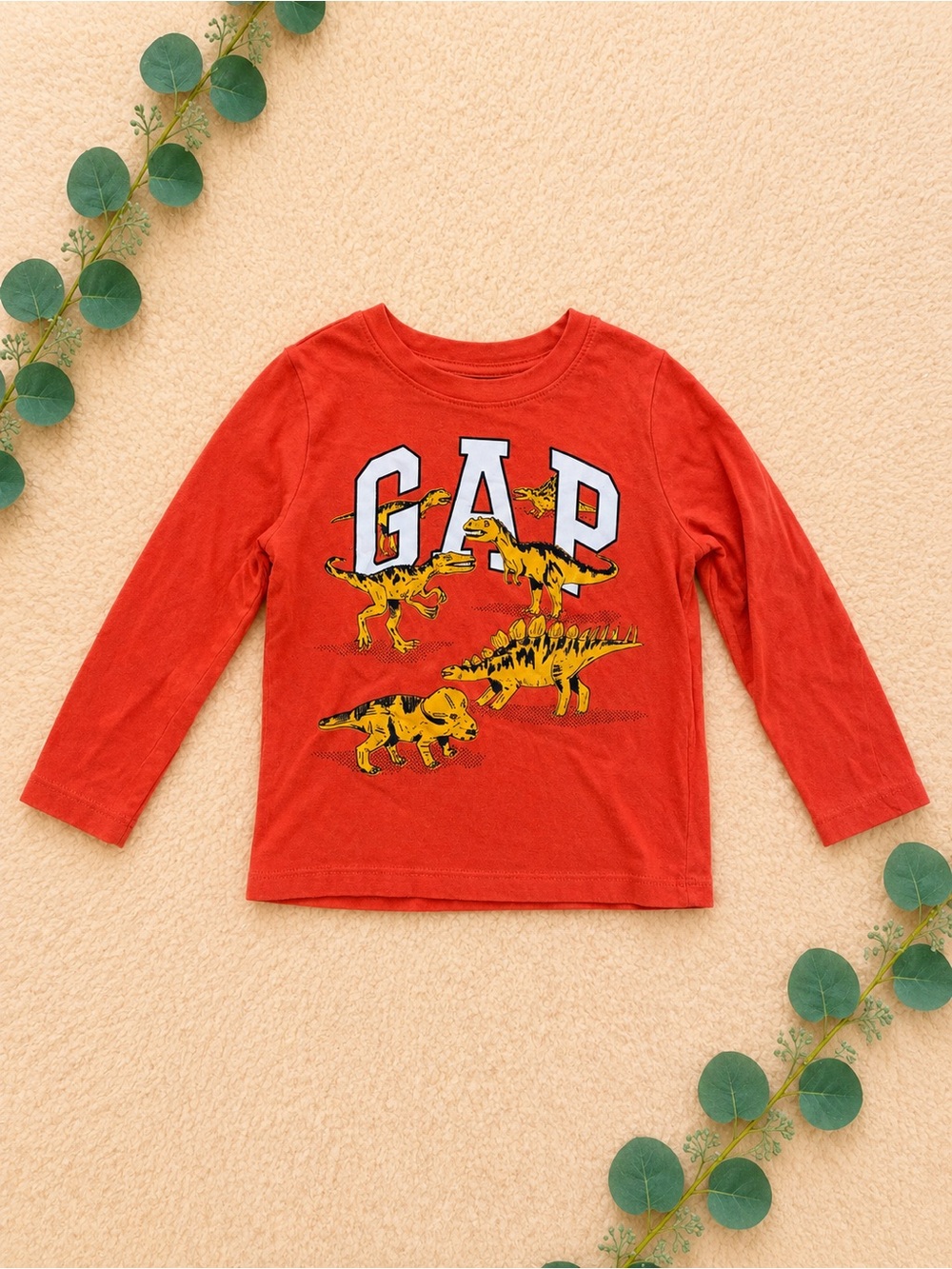 GAP Orange Long-Sleeve Tee with Yellow Dinosaur Graphic